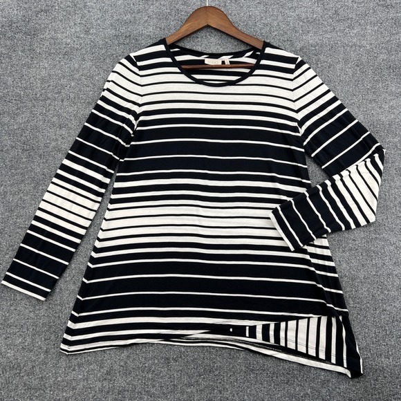 LOGO Lori Goldstein Tops - LOGO Lori Goldstein Striped‎ Tunic Women M Black White Casual Comfort Asymmetric